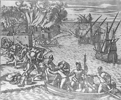 The French Fleet Plundering and Setting Fire to the Town of Chioreram, engraved by Theodore de Bry (1528-98) by German School
